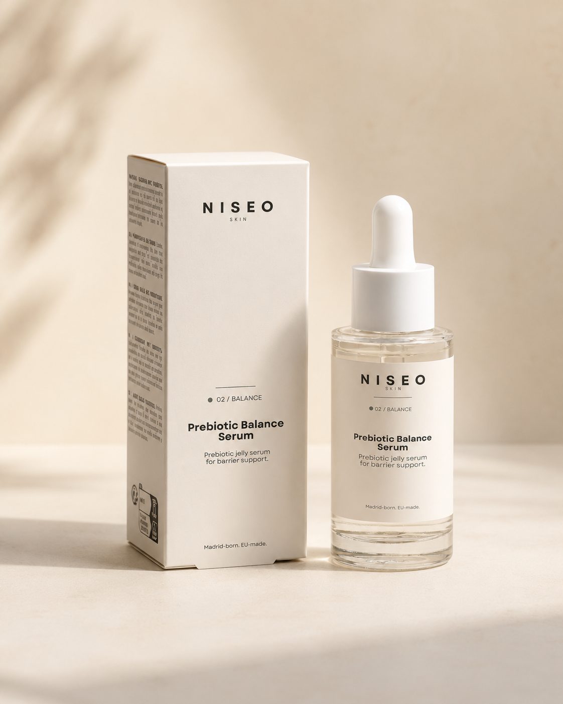 NISEO Prebiotic Balance Serum — prebiotic jelly serum bottle and box, 30 ml