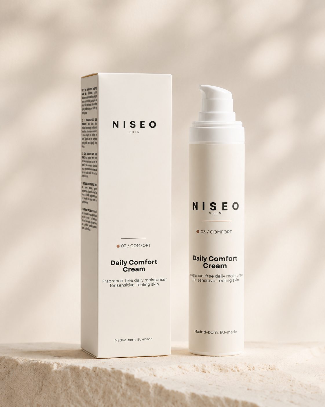 NISEO Daily Comfort Cream — fragrance-free daily moisturiser bottle, 50 ml